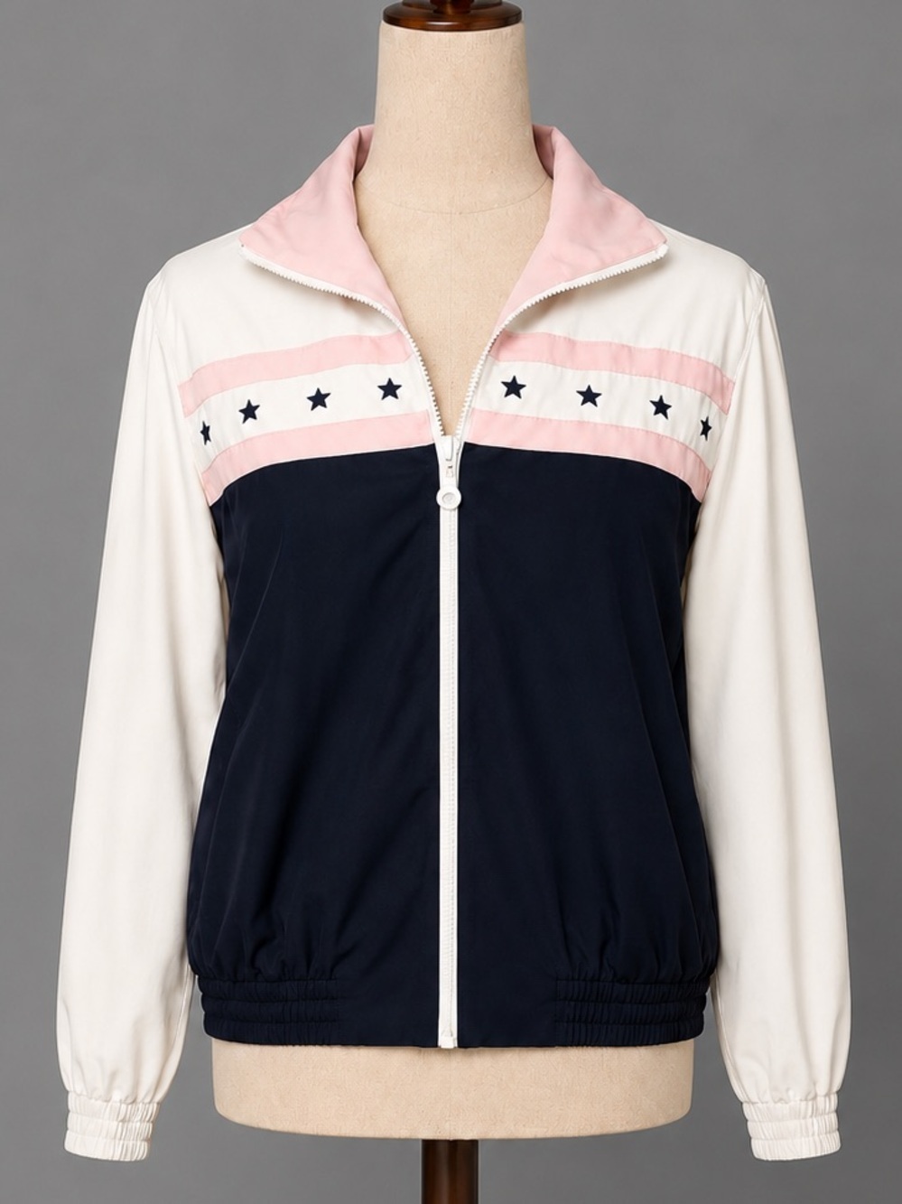 Vintage car coat- pink, navy, white, embroidered stars. American flag, 8P